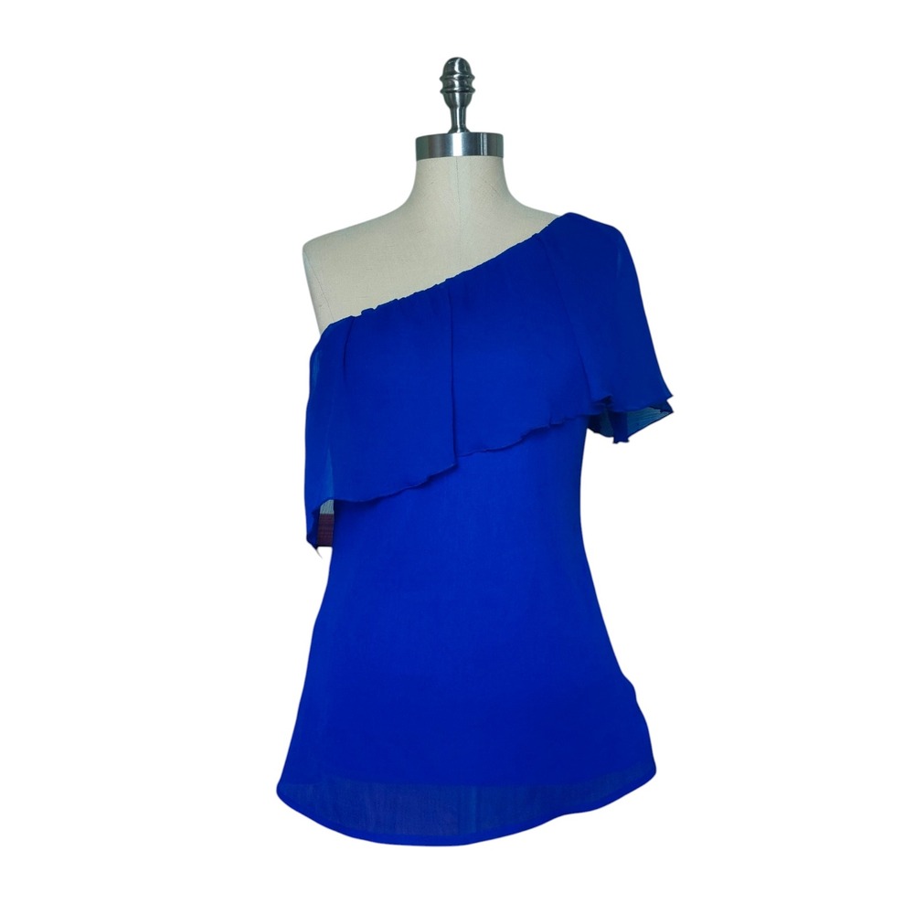 Vintage Y2K Royal Blue One Shoulder Ruffle Blouse Chiffon Top Small Indie Party